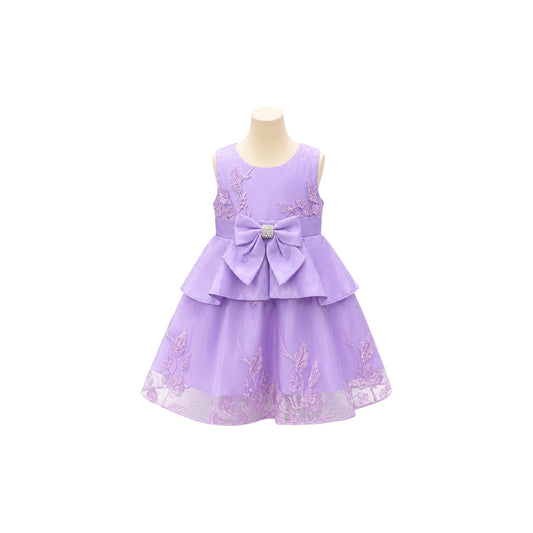 Fancy Kids Lavender Floral Embroidered Satin & Tulle Baby Dress with Bow