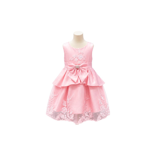 Fancy Kids Pink Floral Embroidered Satin & Tulle Baby Dress with Bow