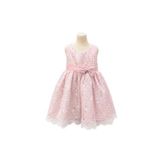 Baby Girl Pink Lace Glitter Dress with Rhinestone Bow & Matching Headband (9-12 months)