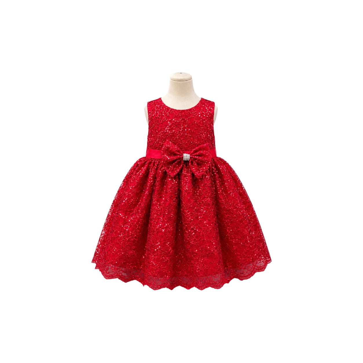 Baby Girl Red Lace Glitter Dress with Rhinestone Bow & Matching Headband (12-18 months)