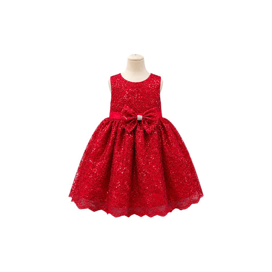 Baby Girl Red Lace Glitter Dress with Rhinestone Bow & Matching Headband (12-18 months)