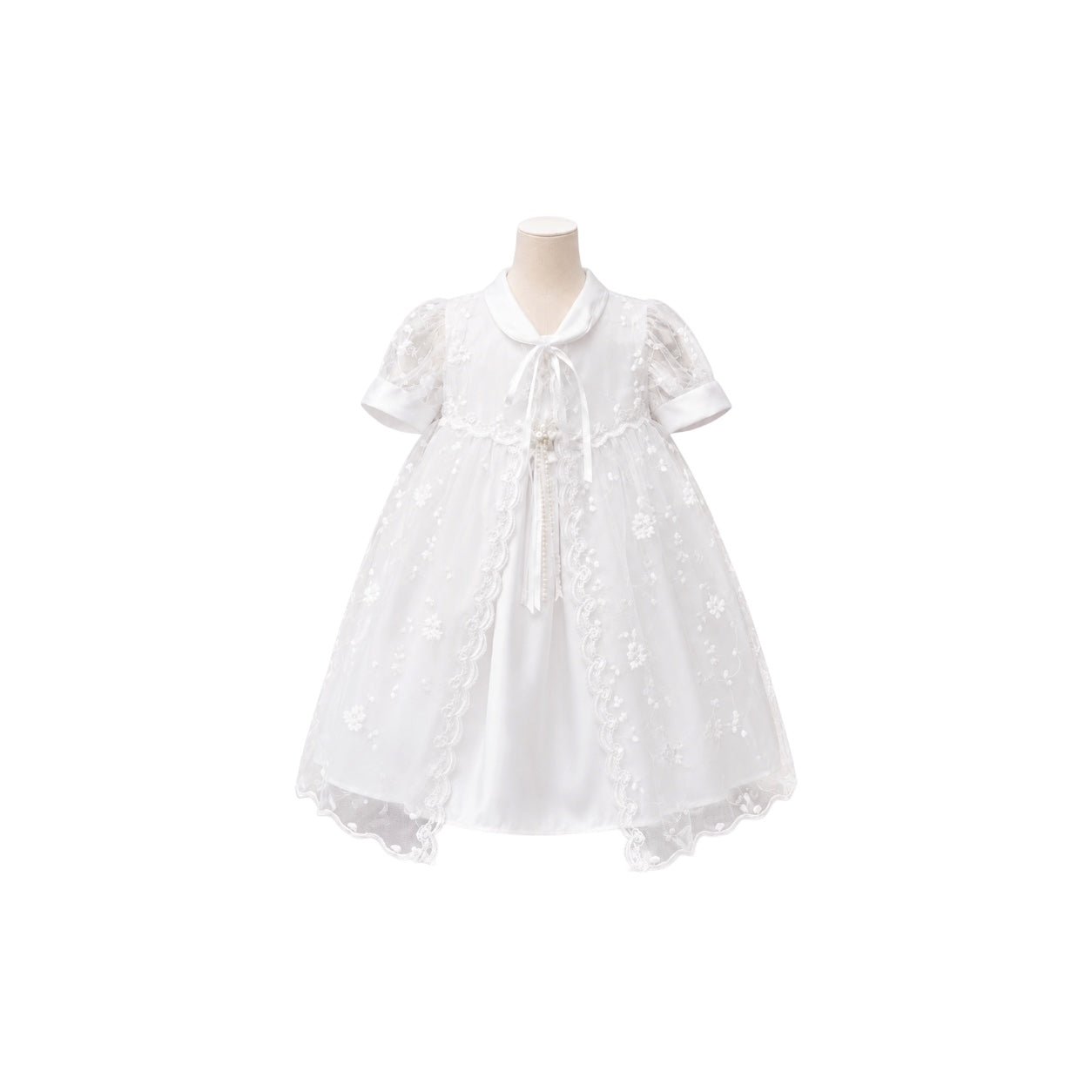 2-Piece White Satin Dress with Embroidered Organza Shawl