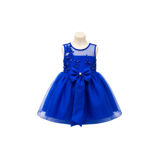 Fancy Kids Royal Blue Floral Embroidered Organza Baby Dress with Bow