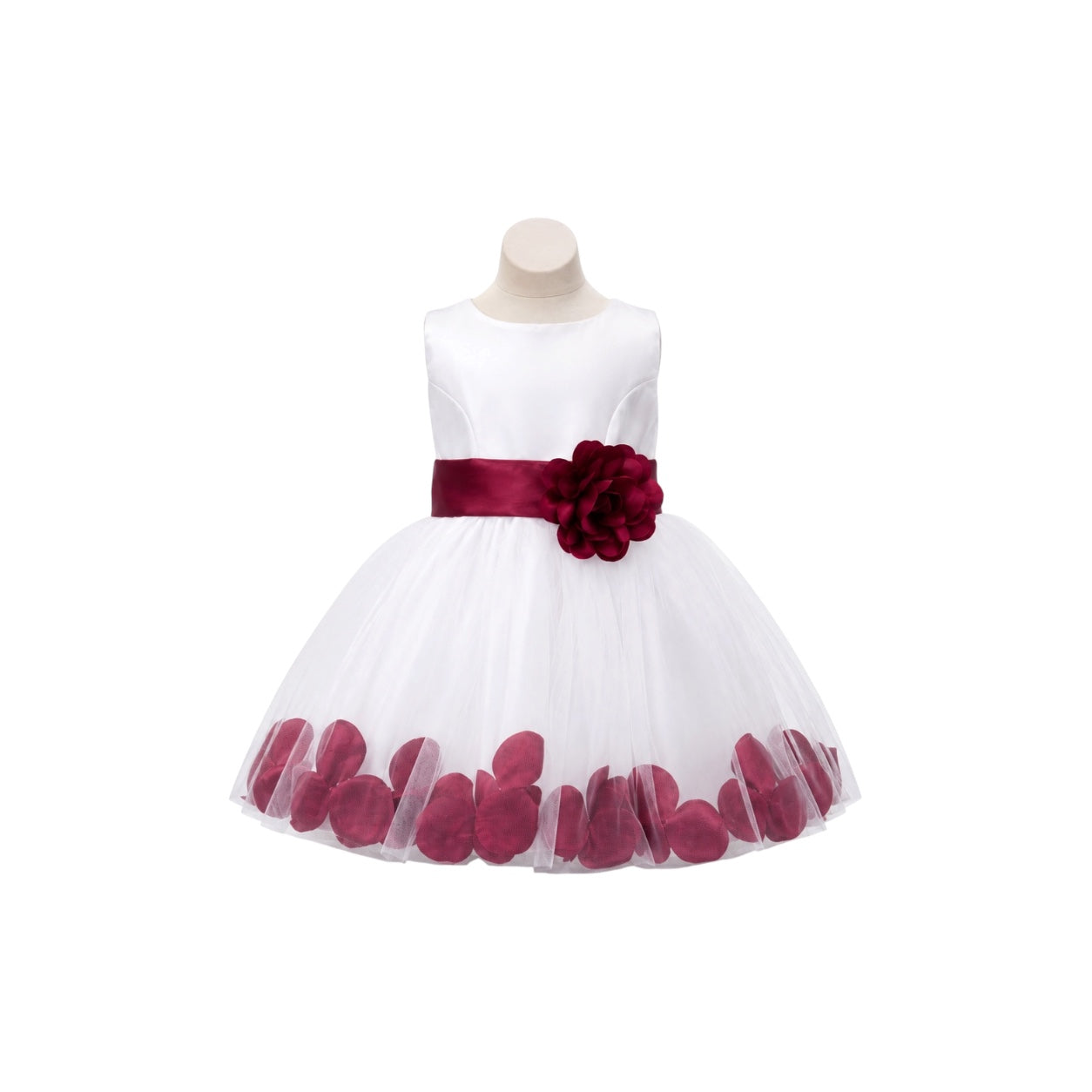White Tea-Length Tulle Baby Dress with Floral Appliqué Hem & Rosette Waist