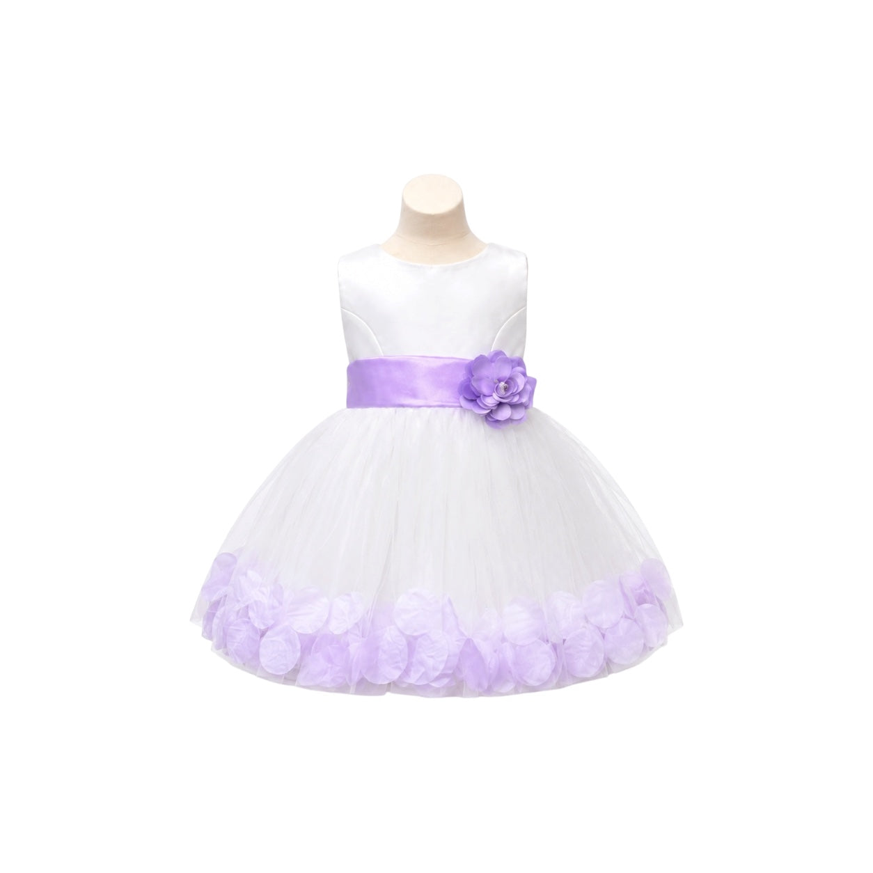 White Tea-Length Tulle Baby Dress with Floral Appliqué Hem & Rosette Waist