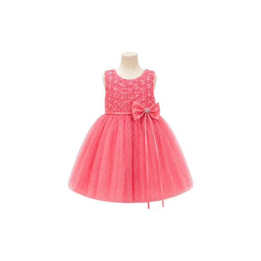 Baby Girl Coral Floral Rosette Glitter Tulle Dress with Rhinestone Bow & Matching Headband (9-12 months)