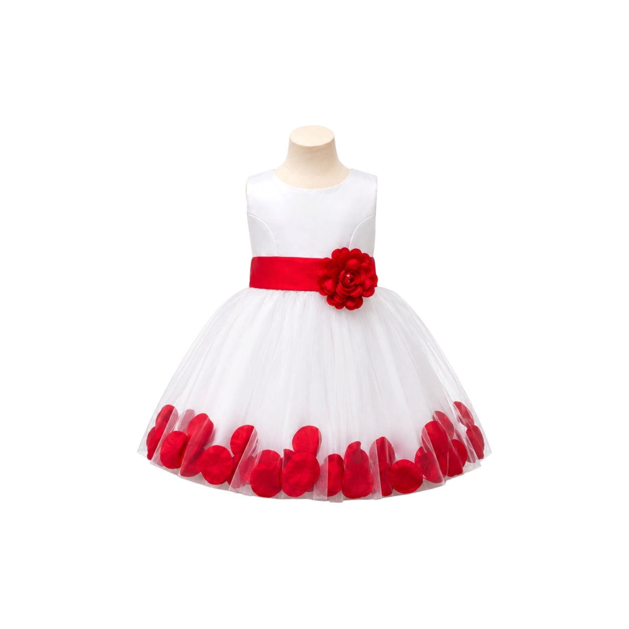 White Tea-Length Tulle Baby Dress with Floral Appliqué Hem & Rosette Waist
