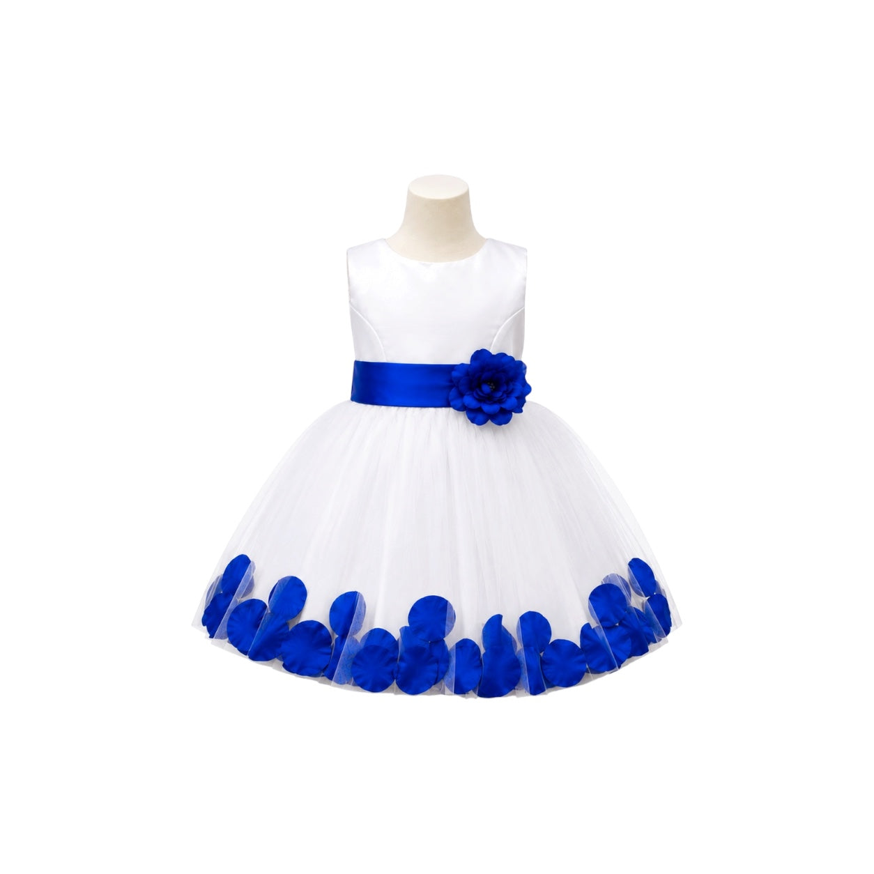 White Tea-Length Tulle Baby Dress with Floral Appliqué Hem & Rosette Waist