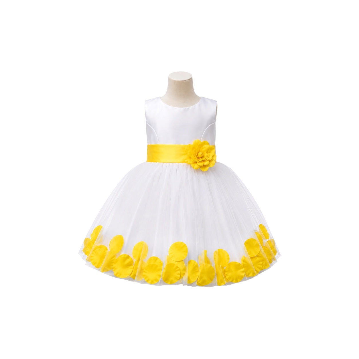 White Tea-Length Tulle Baby Dress with Floral Appliqué Hem & Rosette Waist
