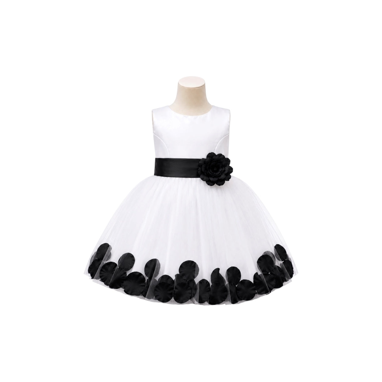 White Tea-Length Tulle Baby Dress with Floral Appliqué Hem & Rosette Waist