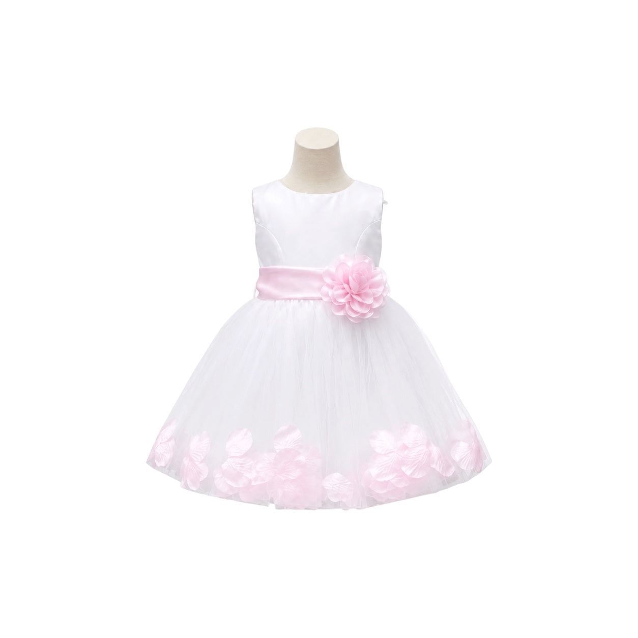 White Tea-Length Tulle Baby Dress with Floral Appliqué Hem & Rosette Waist