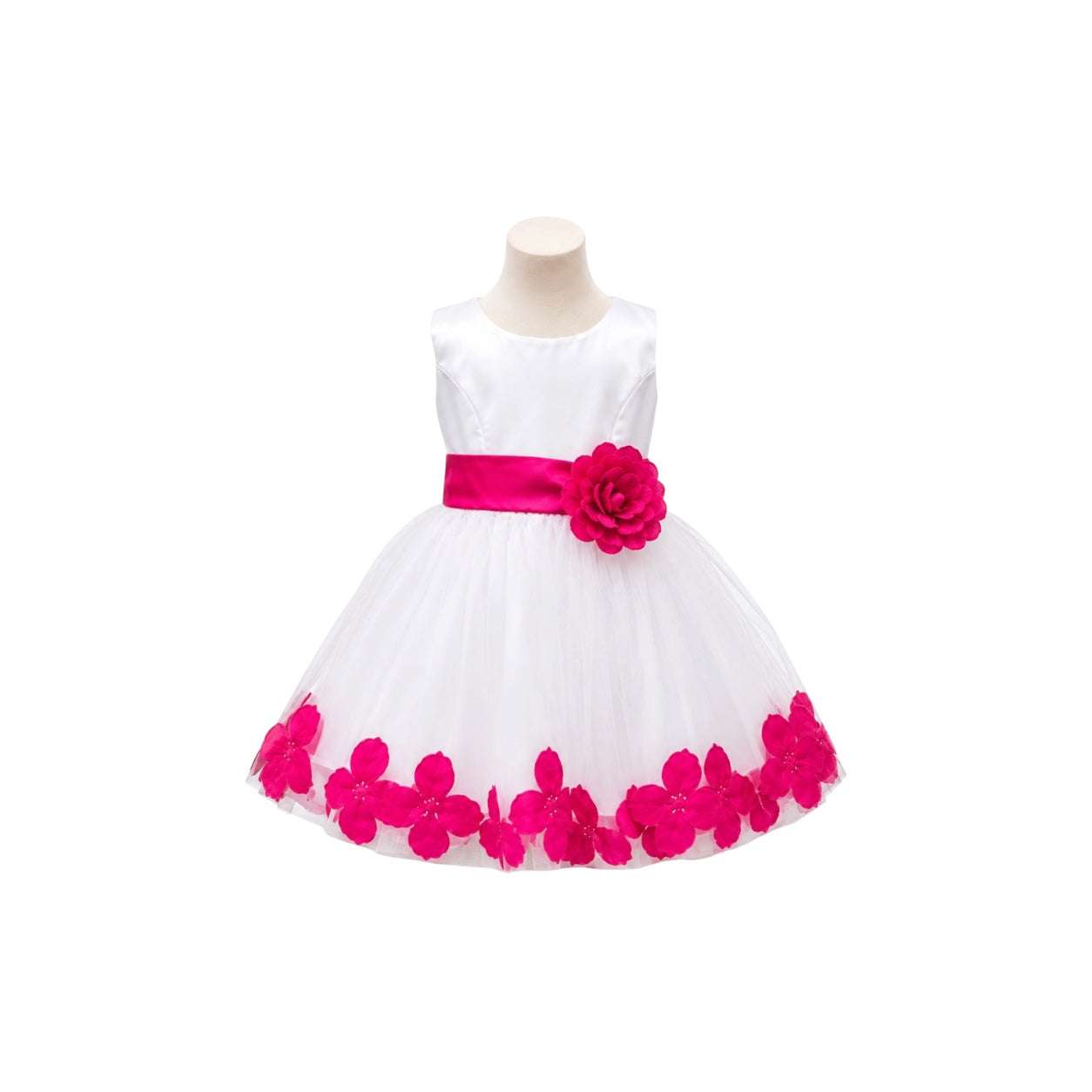 White Tea-Length Tulle Baby Dress with Floral Appliqué Hem & Rosette Waist