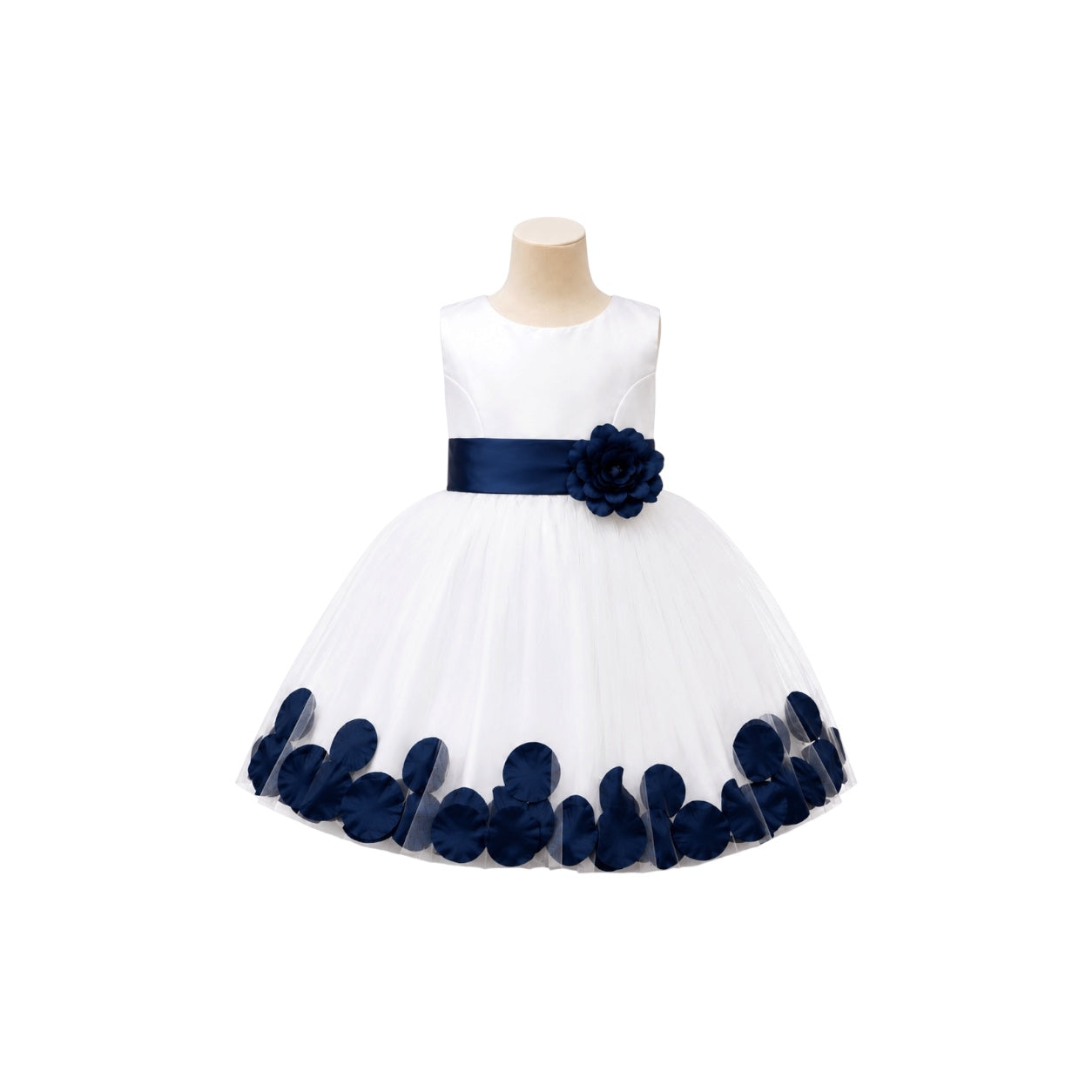 White Tea-Length Tulle Baby Dress with Floral Appliqué Hem & Rosette Waist