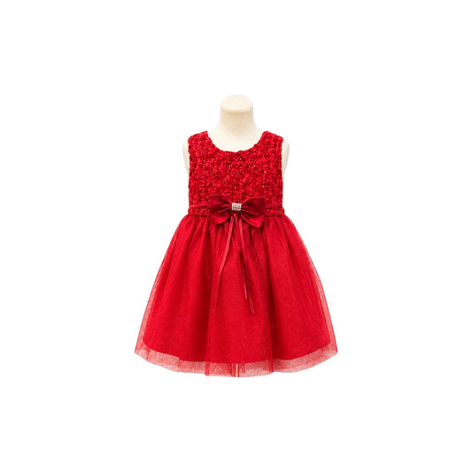 Baby Girl Coral Floral Rosette Glitter Tulle Dress with Rhinestone Bow & Matching Headband (6-9 months)