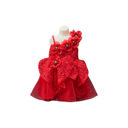 Baby Girls Red One-Shoulder Sequin Dress with 3D Floral Appliqués & Statement Bow