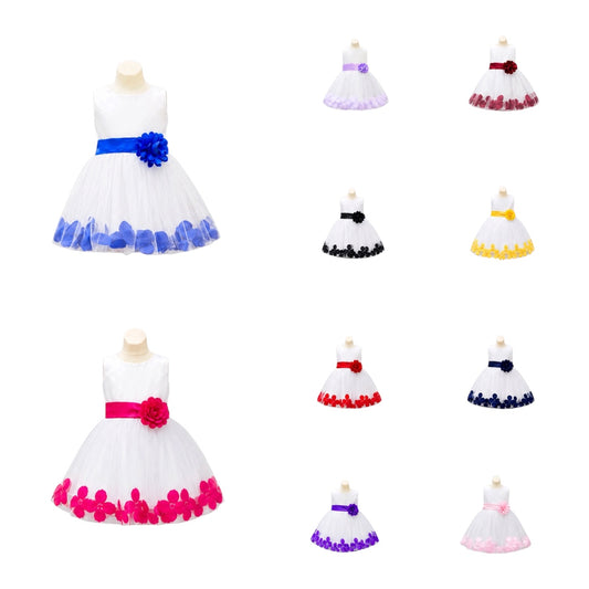 White Tea-Length Tulle Baby Dress with Floral Appliqué Hem & Rosette Waist