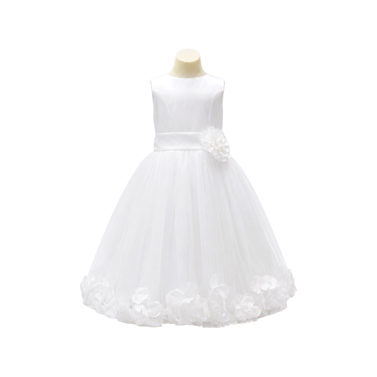 White Tea-Length Satin & Tulle Dress with 3D Floral Petal Hem & Rosette Waist Accent