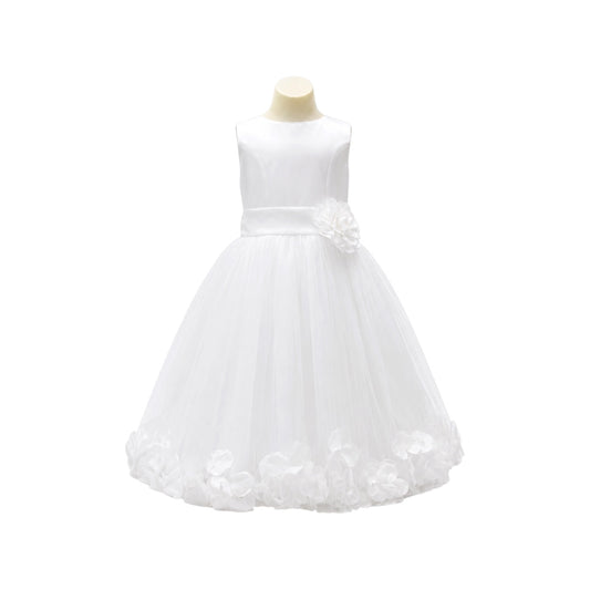 White Tea-Length Satin & Tulle Dress with 3D Floral Petal Hem & Rosette Waist Accent