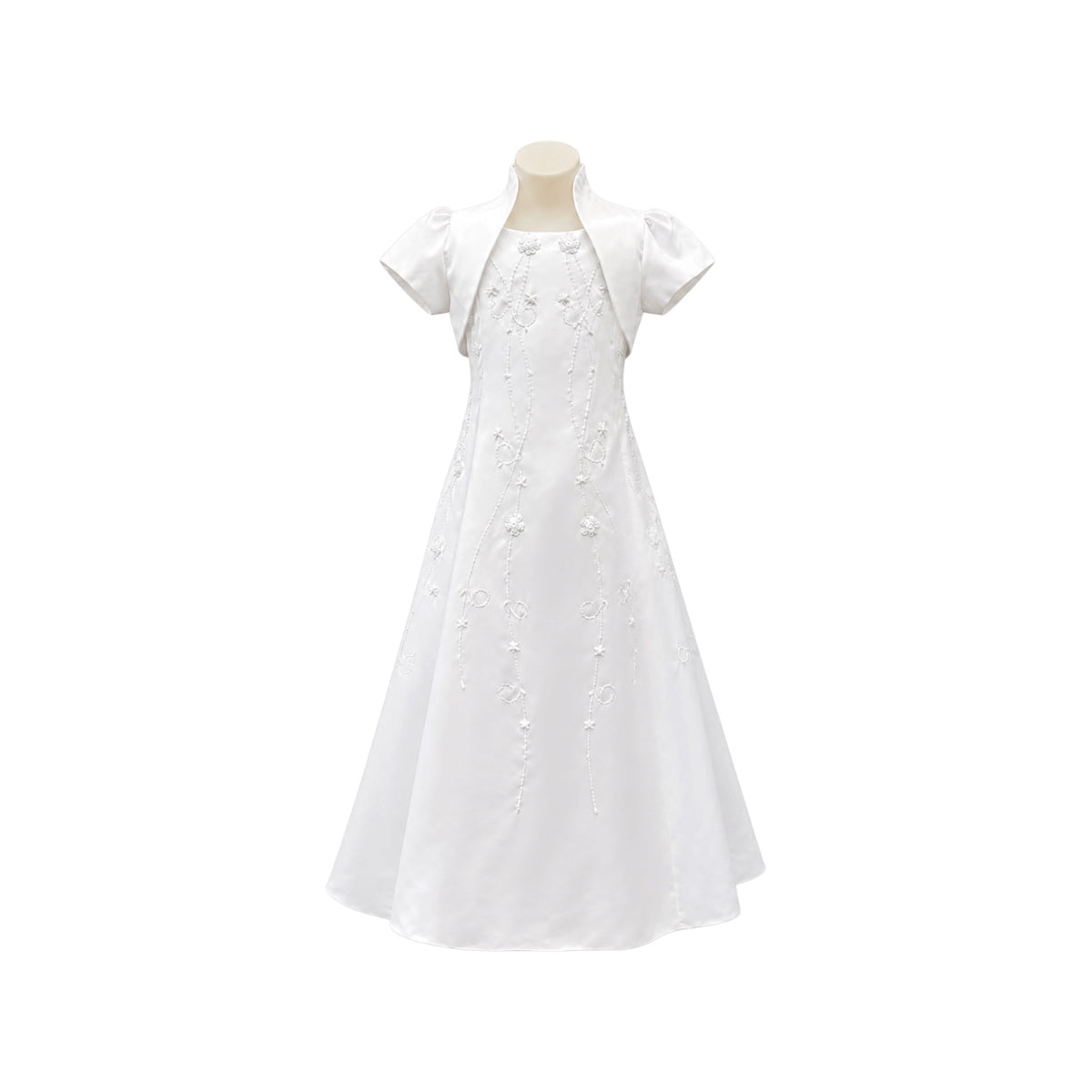 White Sleeveless Satin Girls' Formal Dress with Pearl Floral Embroidery & Matching Bolero
