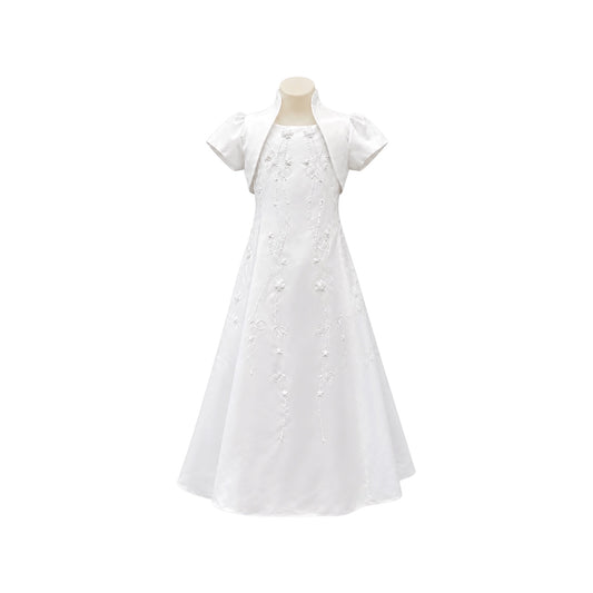White Sleeveless Satin Girls' Formal Dress with Pearl Floral Embroidery & Matching Bolero