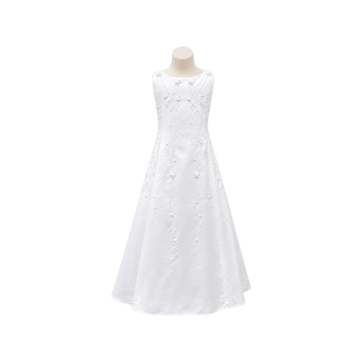 White Sleeveless Satin Girls' Formal Dress with Pearl Floral Embroidery & Matching Bolero