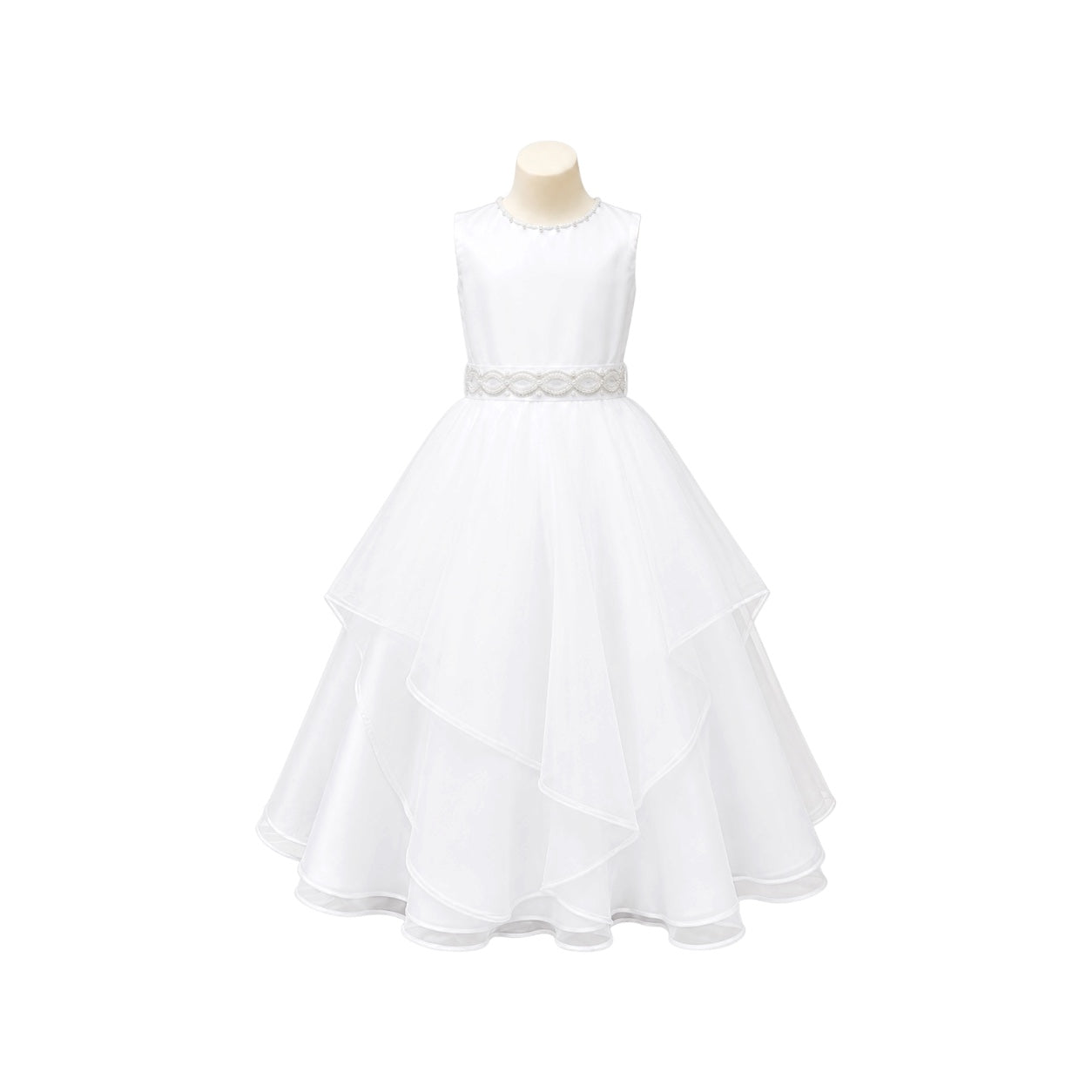 White Sleeveless Girls' Formal Dress with Pearl Neckline, Beaded Waist & Layered Organza Skirt