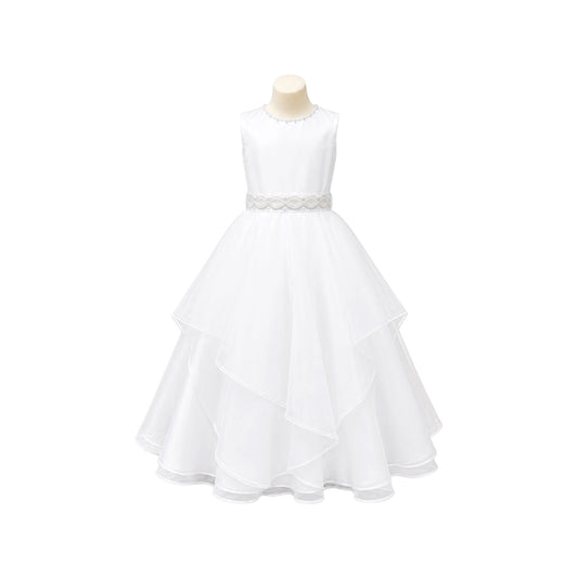 White Sleeveless Girls' Formal Dress with Pearl Neckline, Beaded Waist & Layered Organza Skirt