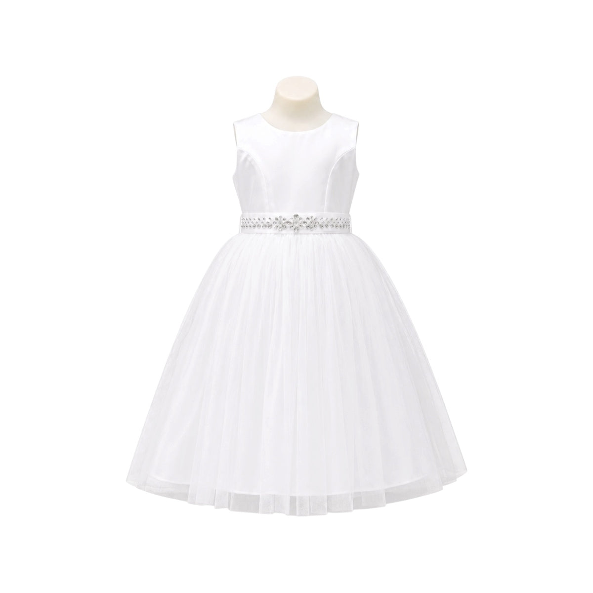 Sleeveless Satin Girls' Formal Dress with Crystal Beaded Waist & Tea-Length Tulle Skirt