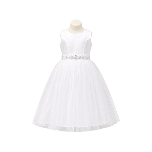 Sleeveless Satin Girls' Formal Dress with Crystal Beaded Waist & Tea-Length Tulle Skirt