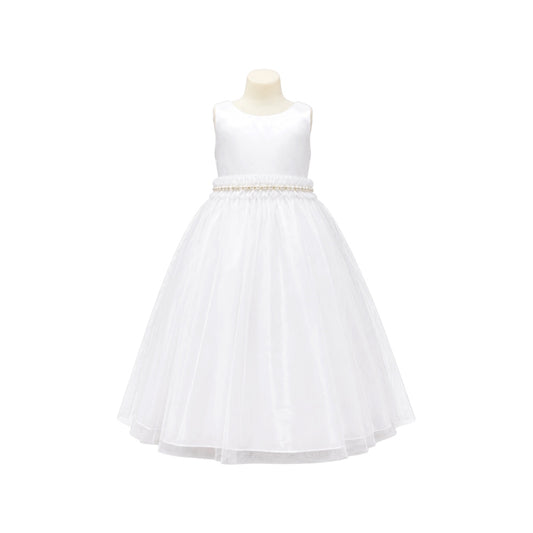 White Tea-Length Satin & Tulle Dress with Pearl Rhinestone Waistband (Size 14)