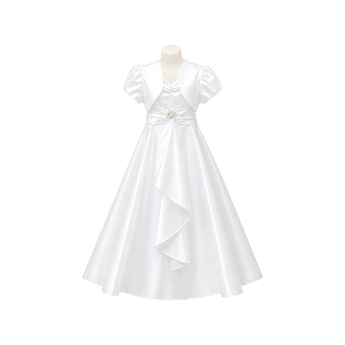 White Satin Formal Dress with Draped Front Panel, Crystal Brooch & Matching Bolero (Size 10)