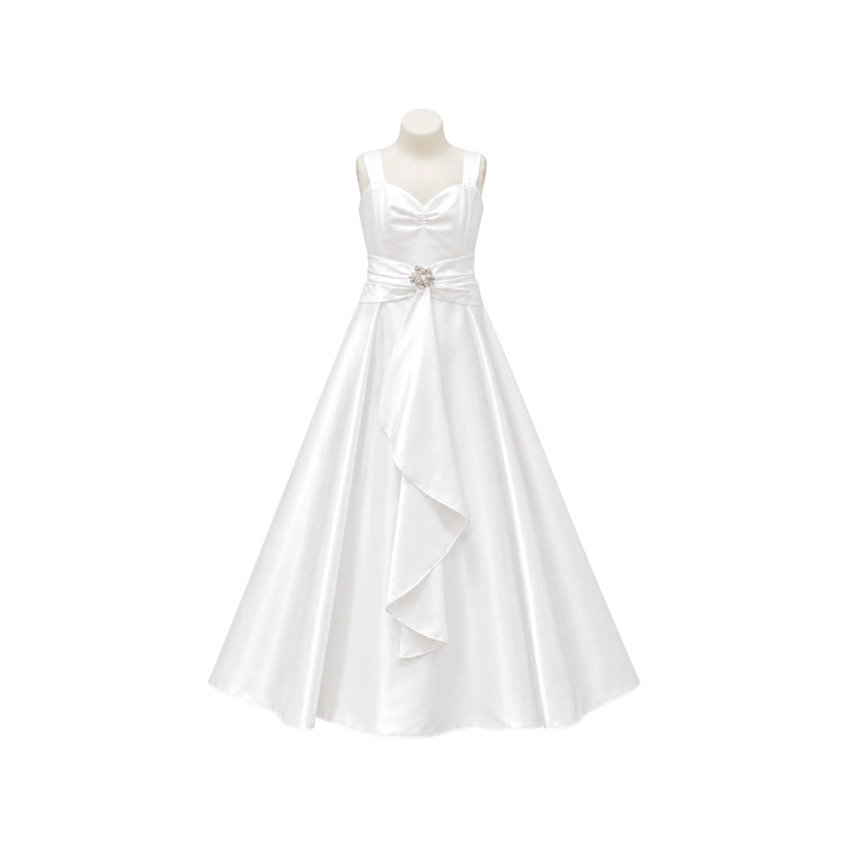 White Satin Formal Dress with Draped Front Panel, Crystal Brooch & Matching Bolero (Size 10)