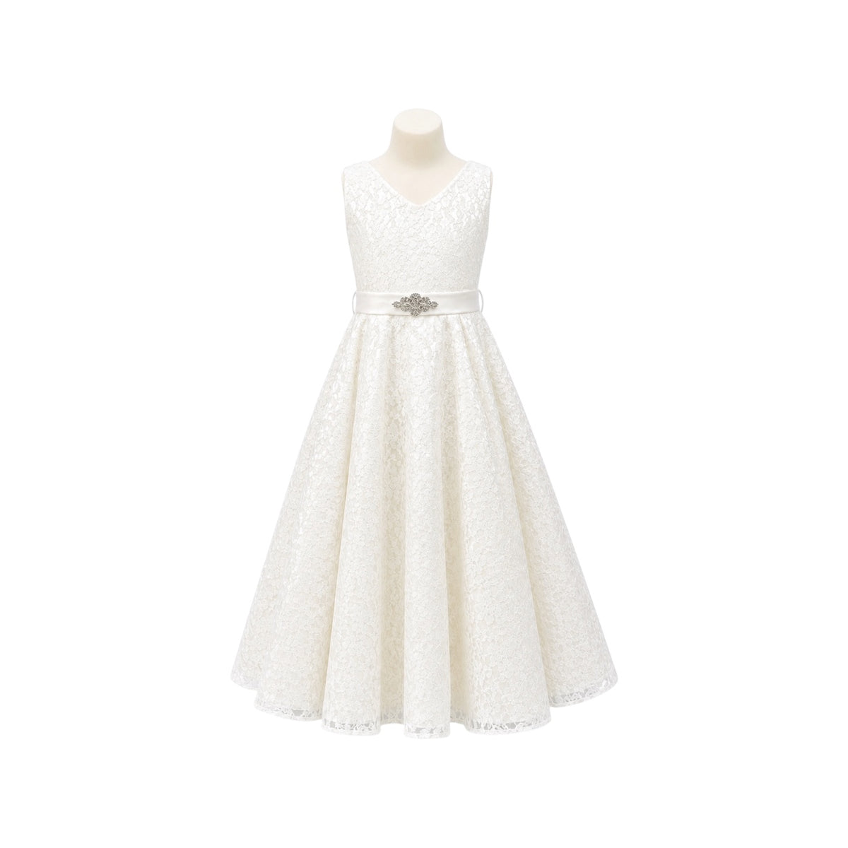 Sleeveless Ivory Lace Ankle-Length Dress with Rhinestone Sash (Size 10)
