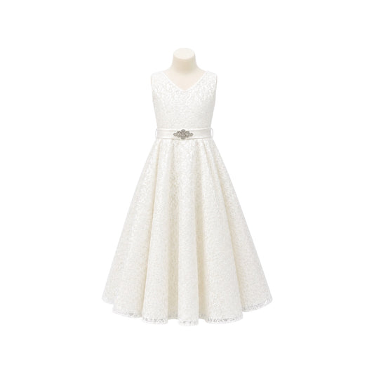 Sleeveless Ivory Lace Ankle-Length Dress with Rhinestone Sash (Size 10)