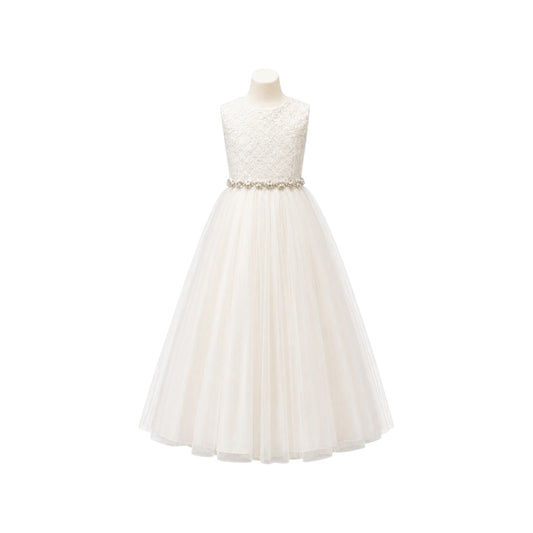 Ivory Floral Lace Bodice Tulle Dress with Pearl Rhinestone Waistband