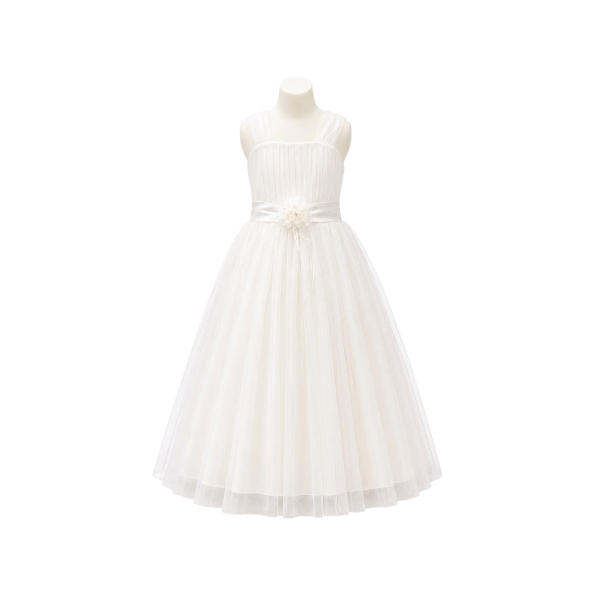 Fancy Kids Tea-Length Pleated Tulle Dress with Satin Rosette Waist