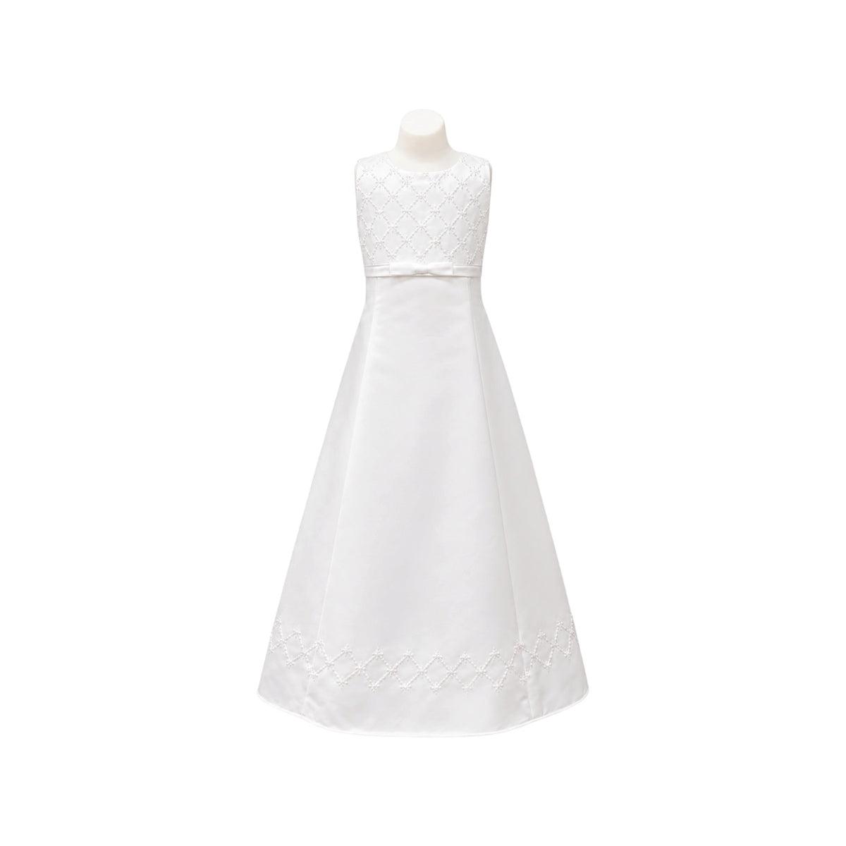 Fancy Kids Sleeveless White Satin Floor-Length Dress with Embroidered Sequin Detail
