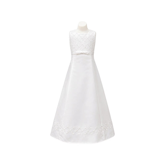 Fancy Kids Sleeveless White Satin Floor-Length Dress with Embroidered Sequin Detail