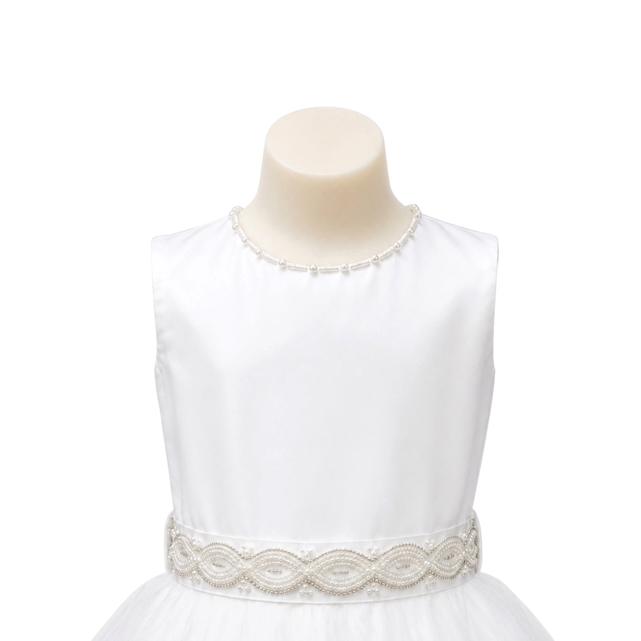White Sleeveless Girls' Formal Dress with Pearl Neckline, Beaded Waist & Layered Organza Skirt