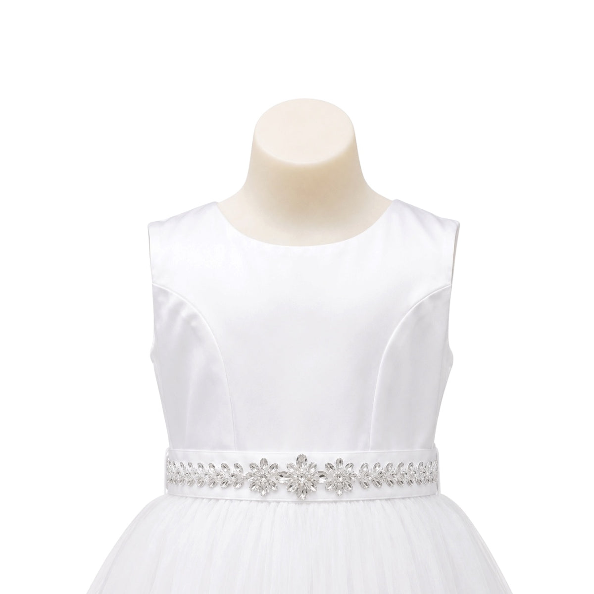 Sleeveless Satin Girls' Formal Dress with Crystal Beaded Waist & Tea-Length Tulle Skirt