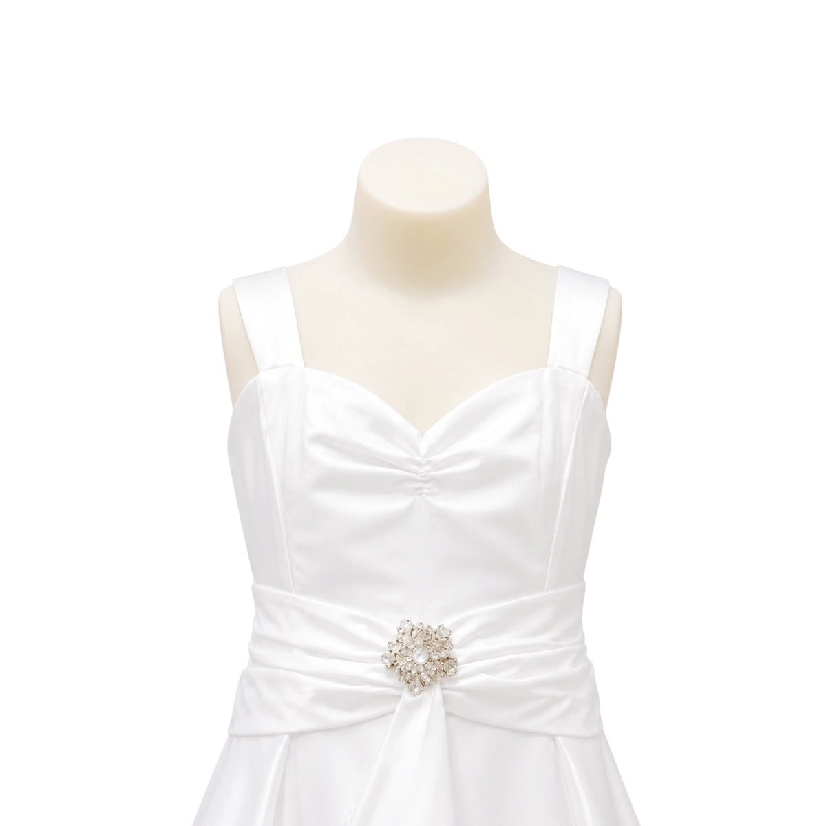 White Satin Formal Dress with Draped Front Panel, Crystal Brooch & Matching Bolero (Size 10)
