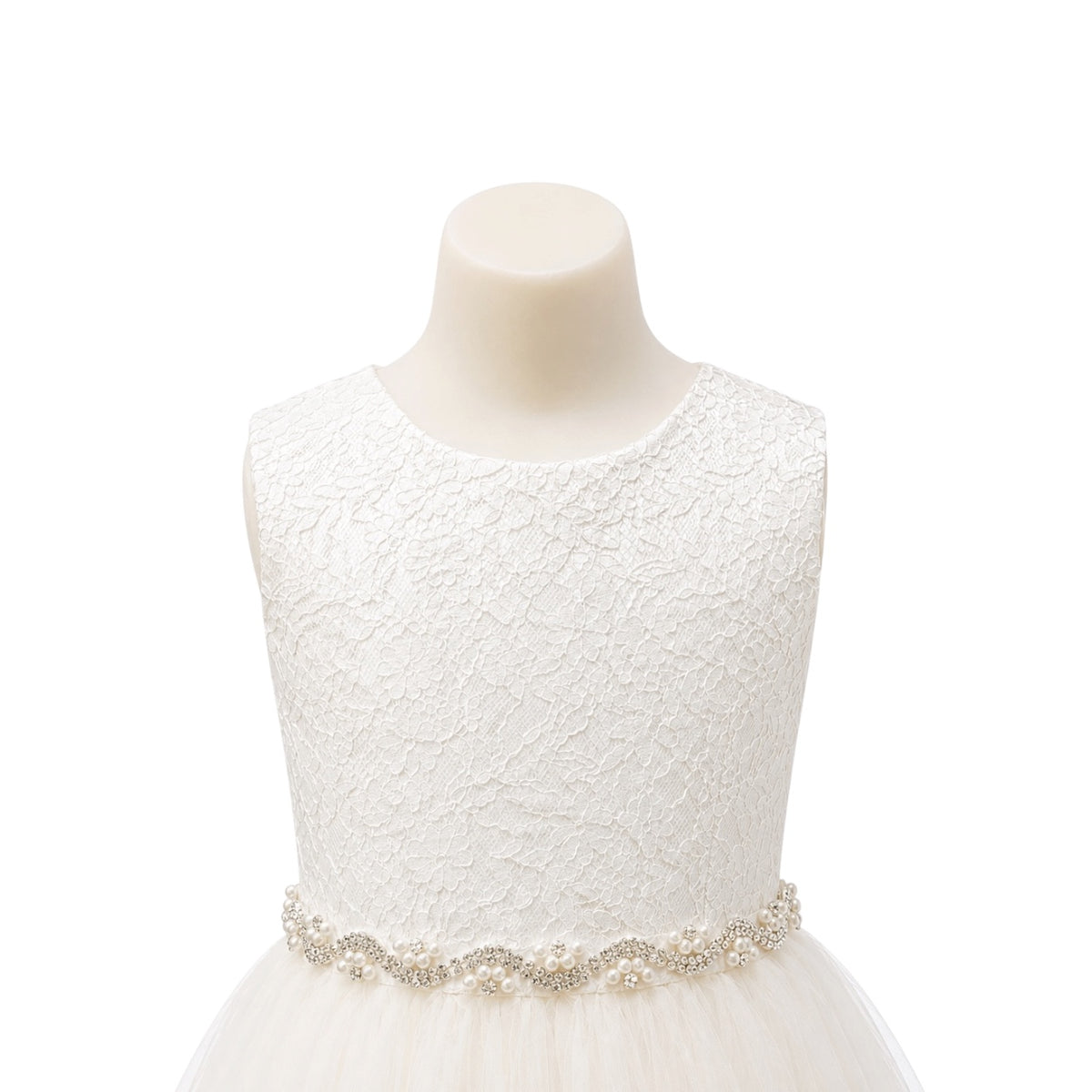 Ivory Floral Lace Bodice Tulle Dress with Pearl Rhinestone Waistband