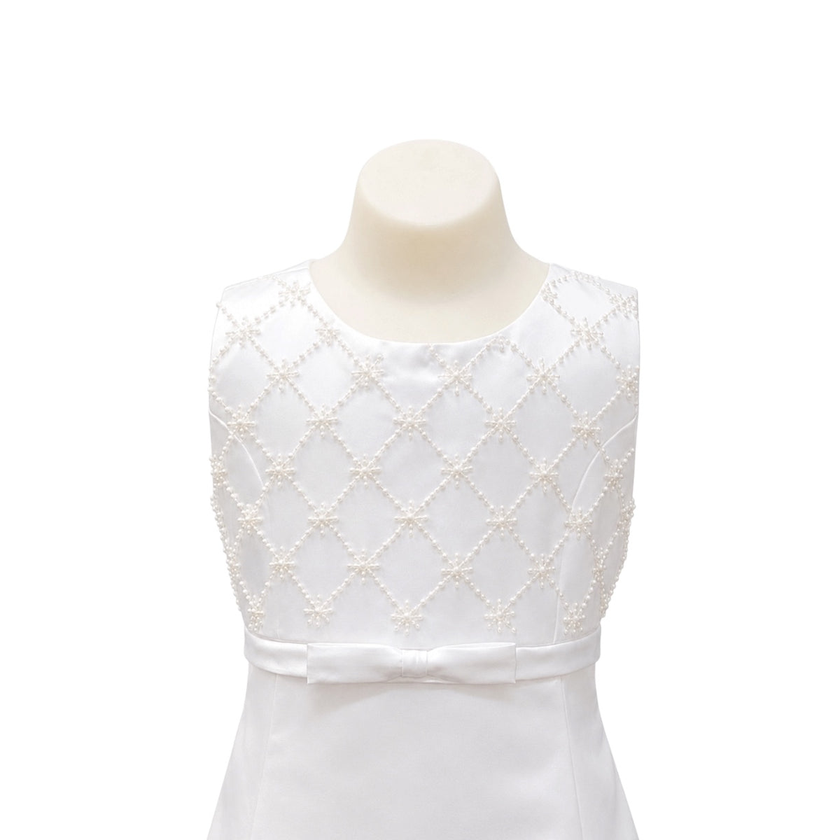 Fancy Kids Sleeveless White Satin Floor-Length Dress with Embroidered Sequin Detail