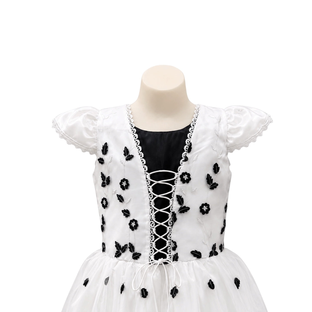 Girls White & Black Floral Embroidered Tea-Length Dress with Lace-Up Bodice (Size 8)
