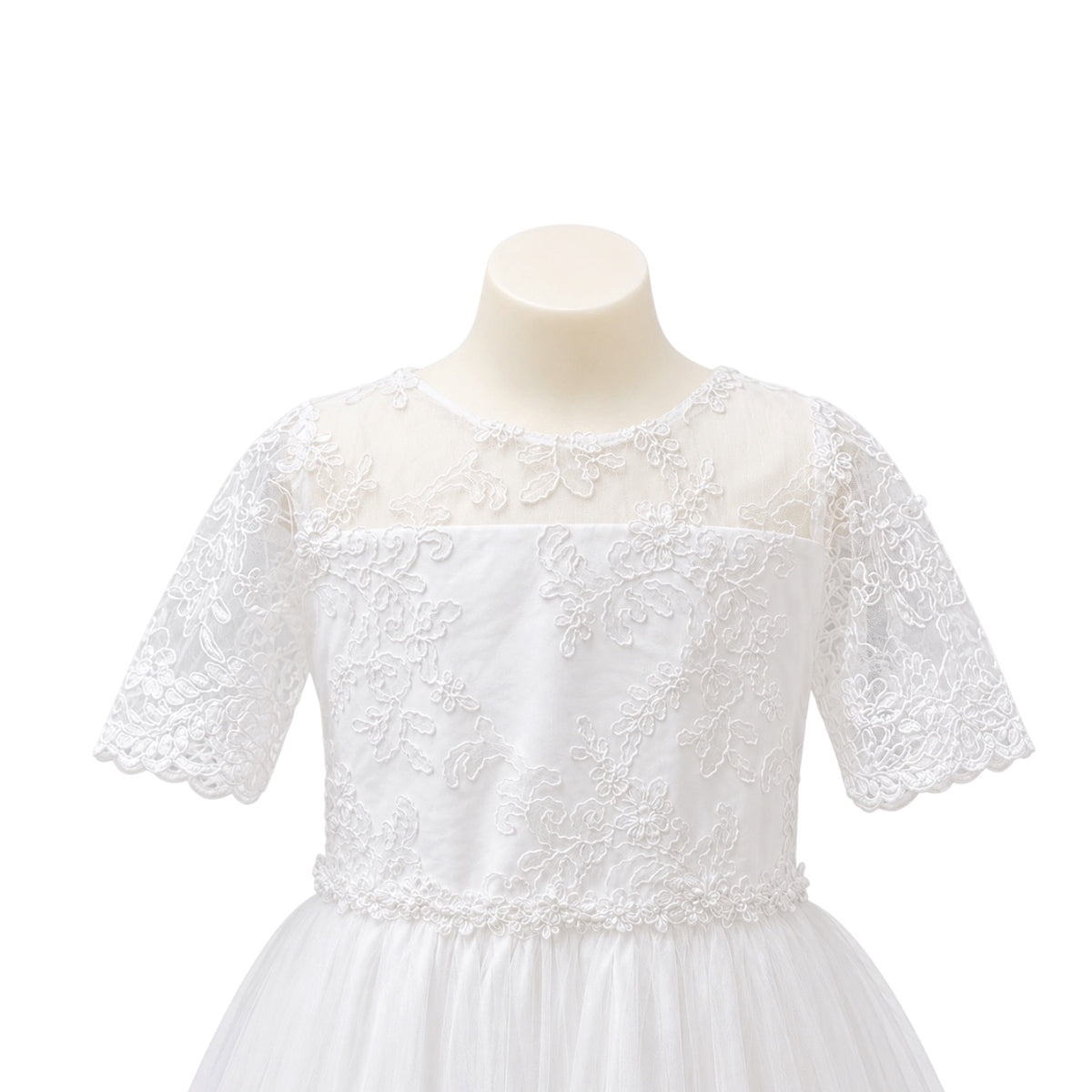 Jolene Floral White Lace Tea-Length Dress with Crystal Tulle Skirt