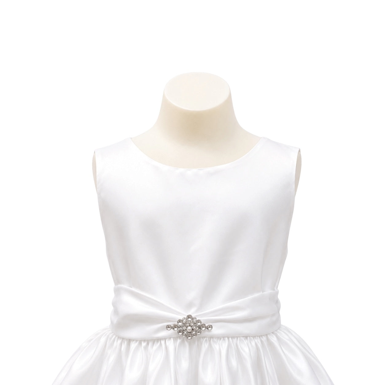 Fifth Avenue White Satin Sleeveless Girls' Formal Dress with Ruched Bubble Skirt & Rhinestone Accents