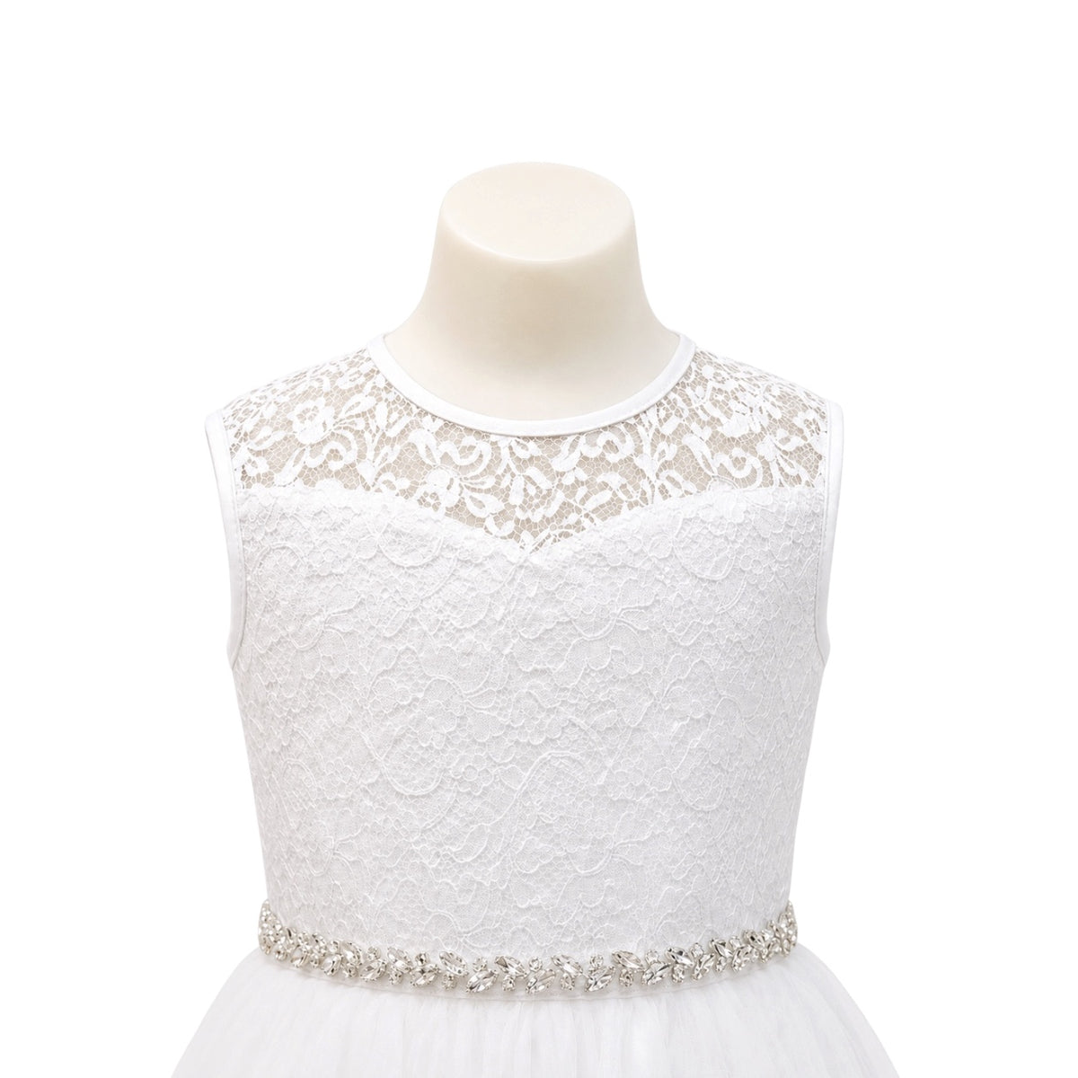 White Floral Lace Dress with Layered Organza Skirt & Rhinestone Waist