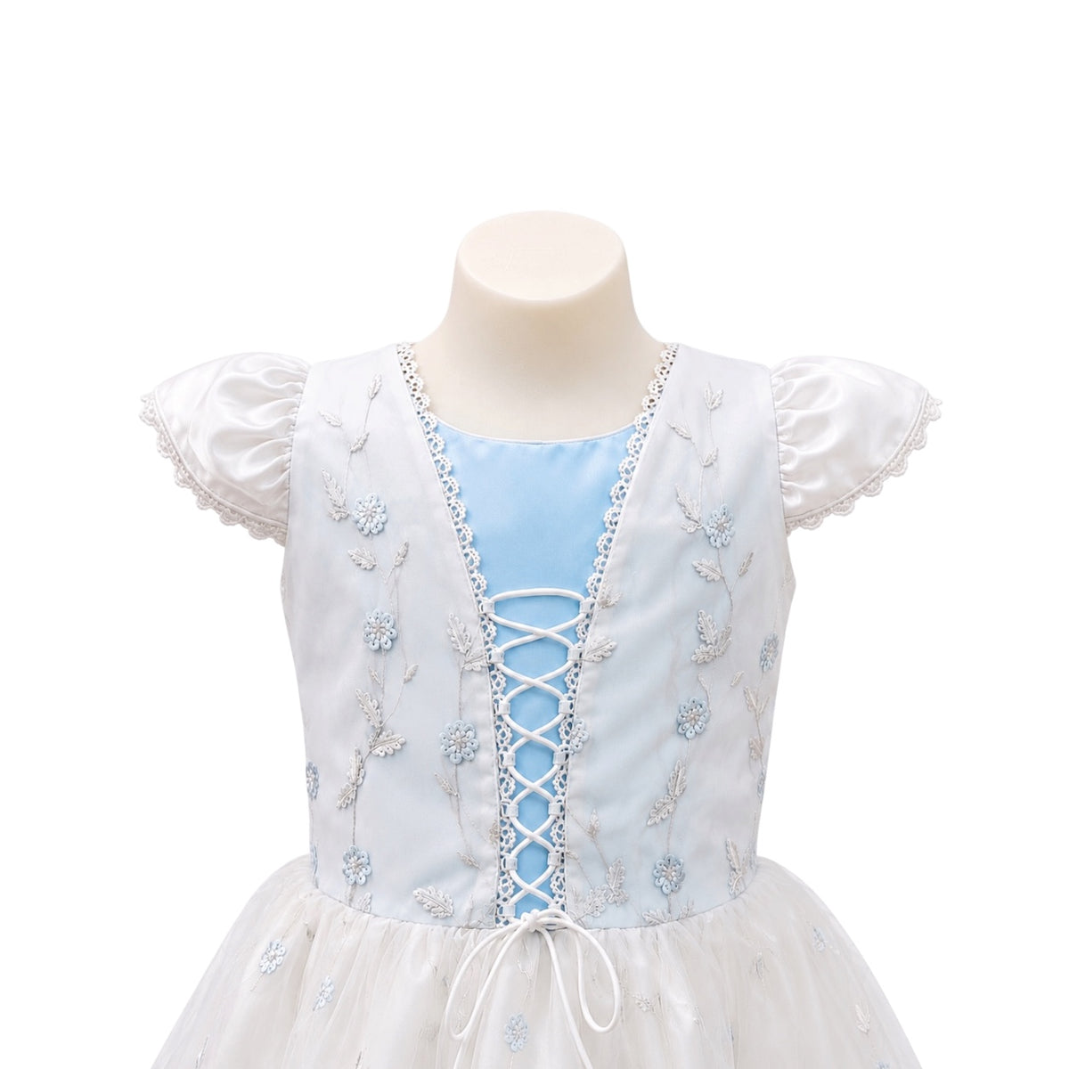Girls White & Light Blue Floral Embroidered Tea-Length Dress with Lace-Up Bodice (Size 8)