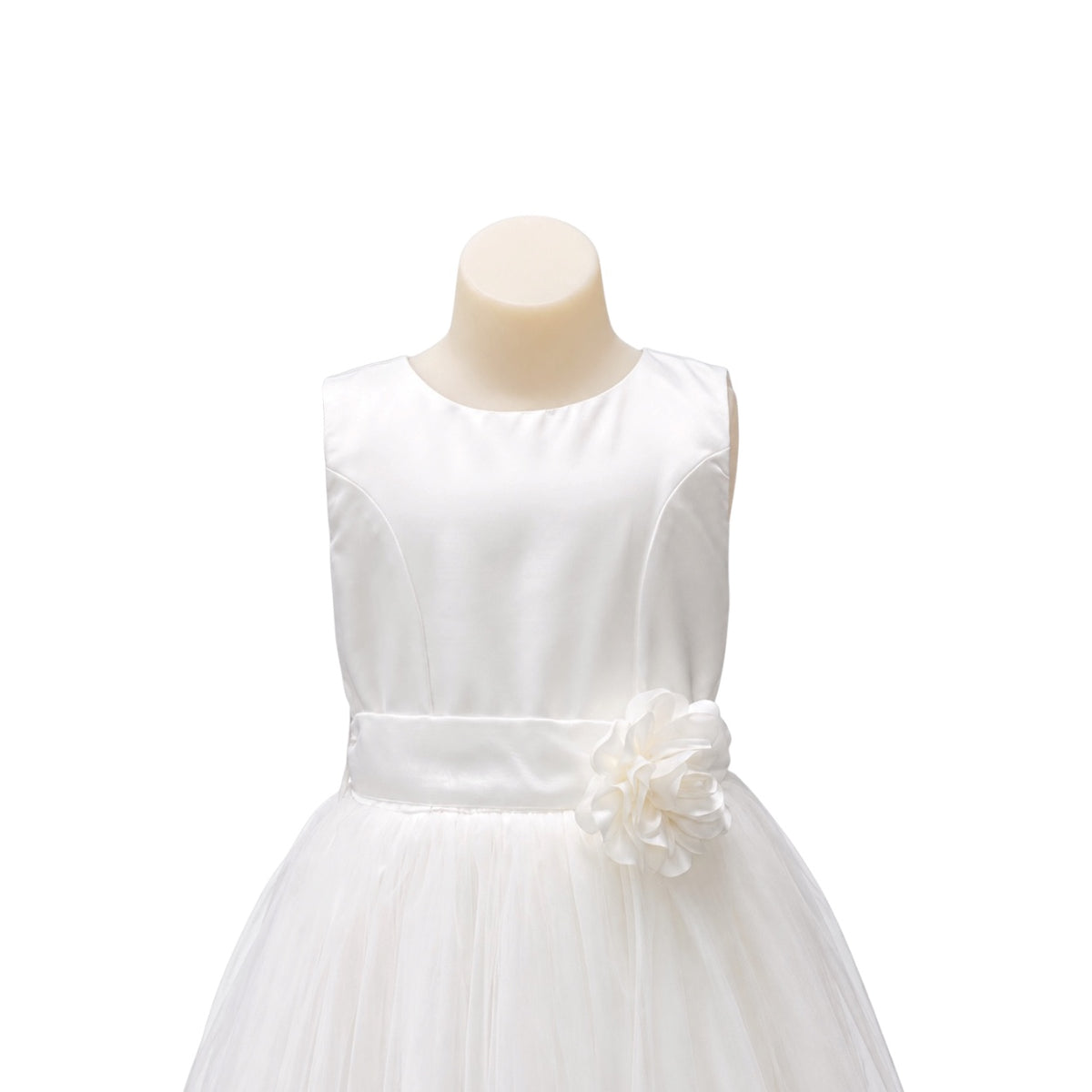Ivory Tea-Length Satin & Tulle Dress with 3D Floral Petal Hem & Rosette Waist Accent