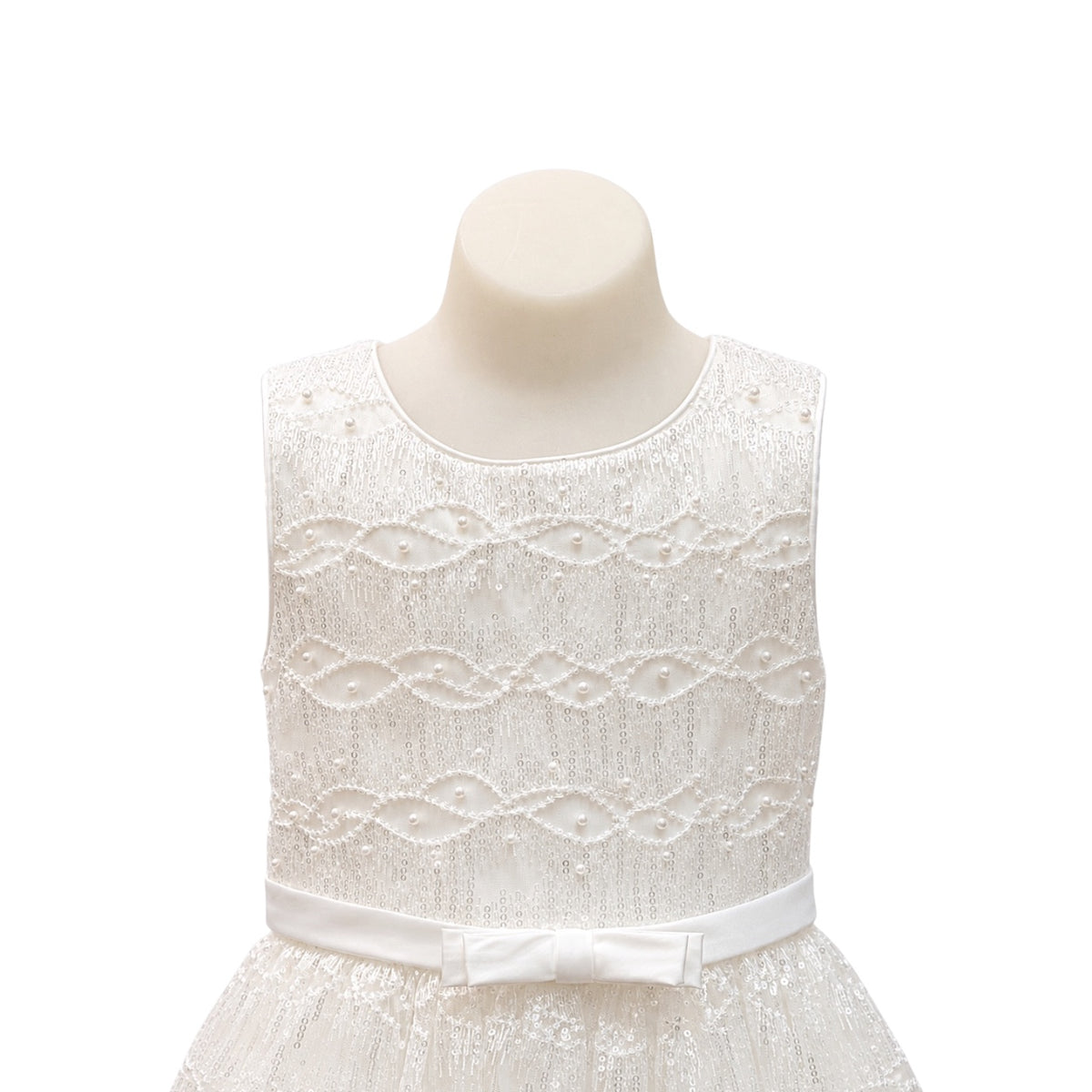 Warm White Sleeveless Pearl & Sequin Embroidered Girls' Dress with Satin Sash